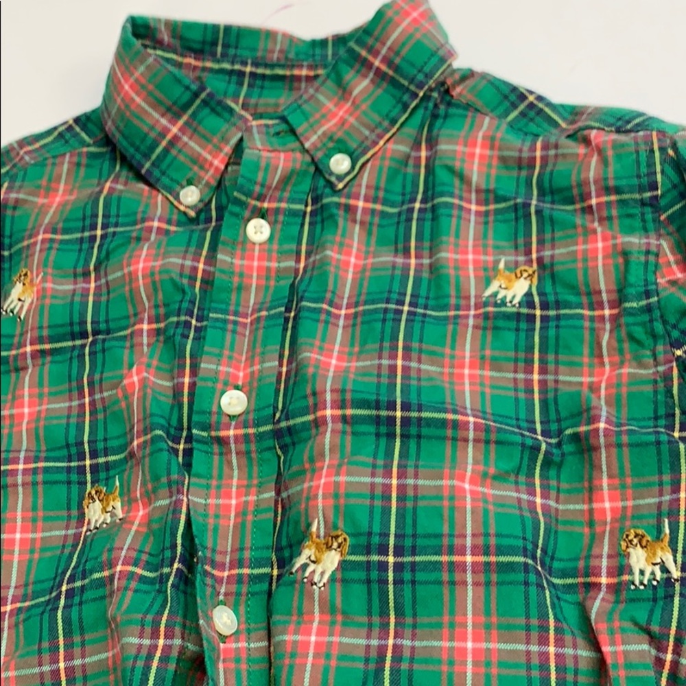 Boys Polo Button down plaid with dog embroidery